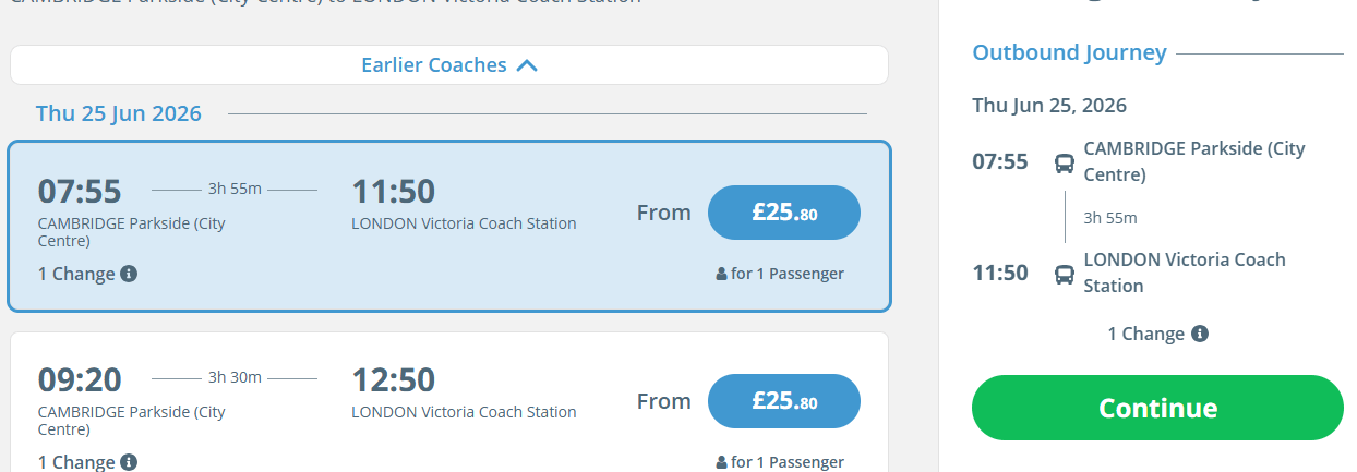 Cambridge to Central London by coach