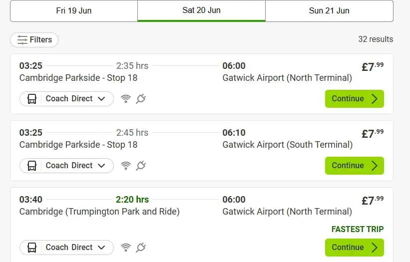 cambridge to gatwick airport bus charges