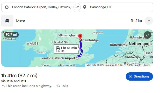 distance from cambridge to gatwick airport